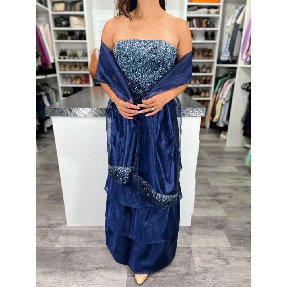 Jovani Navy Blue Sequined Strapless Tiered Formal Gown $395 - Picture 2 of 11